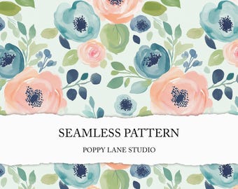 May include: Seamless pattern featuring watercolour flowers in shades of pink, blue, and green. The pattern is on a light blue background and includes the text "Seamless Pattern" and "Poppy Lane Studio".
