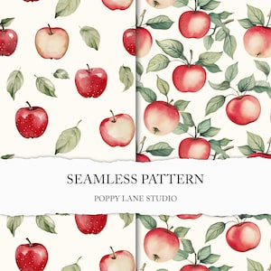 May include: Watercolor seamless pattern featuring red and yellow apples with green leaves on a cream background. The text "SEAMLESS PATTERN" and "POPPY LANE STUDIO" are displayed on a torn paper banner.