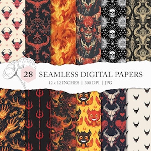 patrón de diablo sin costuras, fondo satánico, patrón sin costuras de Satanás, papel digital Baphomet, fondo digital del infierno, papel de álbum de recortes del diablo
