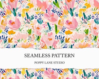 May include: A seamless pattern featuring a watercolor floral design. The pattern includes pink, yellow, blue, and green flowers and foliage on a cream background. The text "SEAMLESS PATTERN" and "POPPY LANE STUDIO" are also visible.