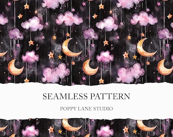 starry night seamless pattern, night sky background, moon and stars pattern, night printable, starry night digital paper, moon seamless file