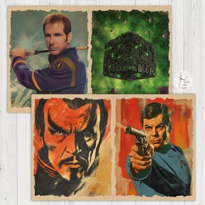 May include: Set of four vintage-style prints featuring science fiction characters and imagery. Includes portraits of actors in blue uniforms, a Borg cube, and a character with a stern expression. The prints have a distressed, aged appearance.