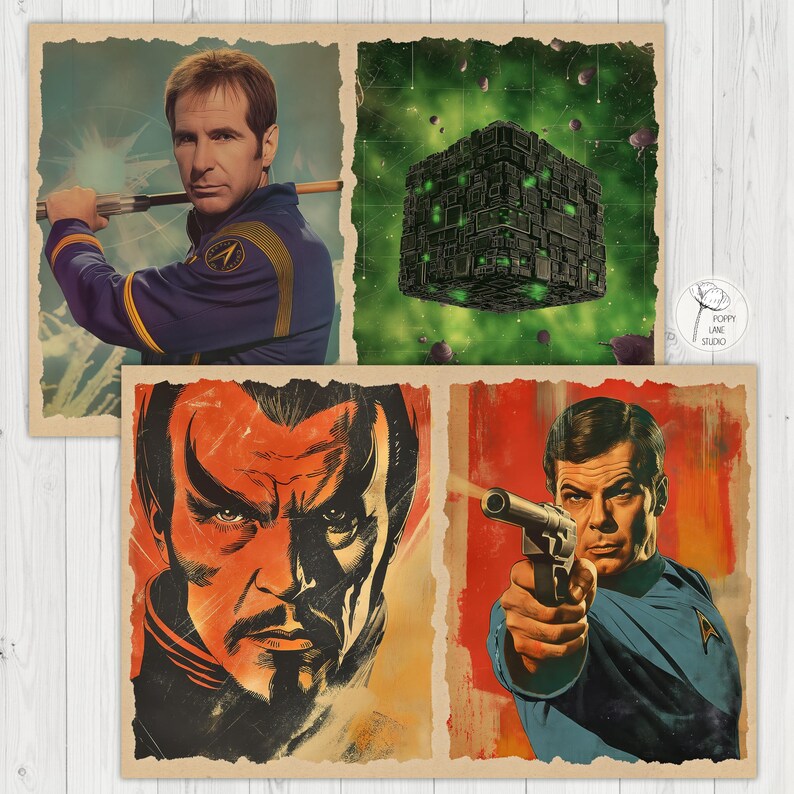 May include: Set of four vintage-style prints featuring science fiction characters and imagery. Includes portraits of actors in blue uniforms, a Borg cube, and a character with a stern expression. The prints have a distressed, aged appearance.
