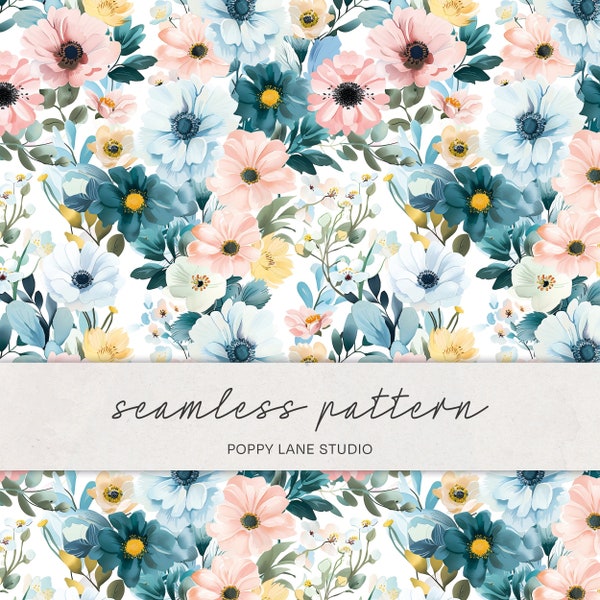 blush pink teal watercolour flower pattern, watercolour flower digital paper, pastel pink teal flower floral arrangement, commercial use