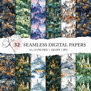 enchanted castle pattern, fairy-tale castle digital paper, fairy tale enchanted castle magic storybook forest landscape, watercolour castle