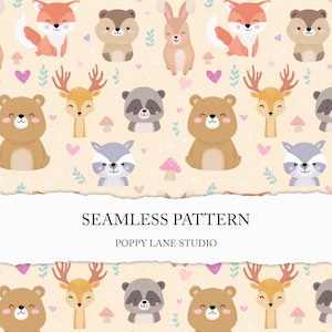 Fond animal neutre entre les sexes, modèle sans couture d'animaux de la forêt, papier numérique animaux des bois, ours lapin cerf renard raton laveur blaireau JPEG
