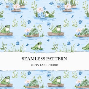 preppy frog seamless pattern, seamless frog paper, frog pond background, cottagecore digital paper, cute frog print, seamless summer, JPEG