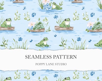 preppy frog seamless pattern, seamless frog paper, frog pond background, cottagecore digital paper, cute frog print, seamless summer, JPEG
