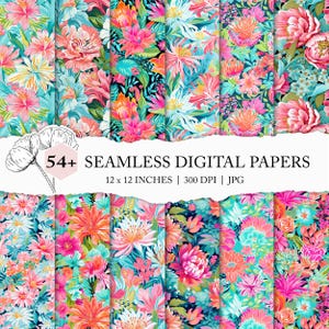 preppy flower background, summer floral pattern, seamless flower pattern, neon pink turquoise floral scrapbook paper, vibrant spring flowers