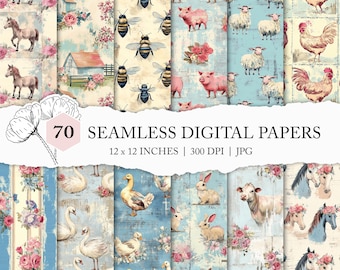 shabby chic farmhouse pattern, seamless farm background, chicken print, horse digital paper, vintage pig design, farm animal seamless paper