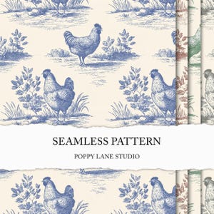 chicken toile background, vintage chicken seamless pattern, cottagecore chicken digital paper, farm animals printable, French toile de jouy