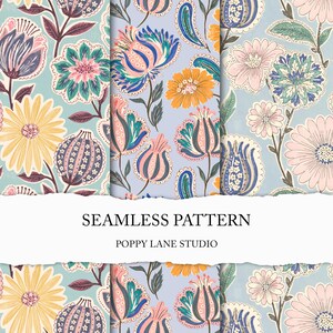 May include: A seamless pattern design featuring three vertical panels of floral illustrations in shades of light blue, pink, yellow, and teal. The text SEAMLESS PATTERN and POPPY LANE STUDIO is printed in black on a white horizontal band across the center.