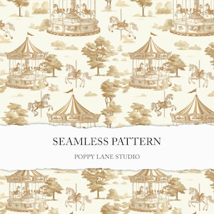 vintage carrousel naadloos patroon, carrouselachtergrond, beige toile de jouy stofbestand, draaimolen, vintage paard digitaal papier
