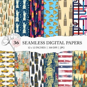 Patrón de la ciudad de Nueva York, papel digital de la ciudad de Nueva York, paquete de papel para álbum de recortes de Nueva York, Manhattan imprimible, patrón sin costuras de la ciudad de Nueva York, diseño de la ciudad de Nueva York