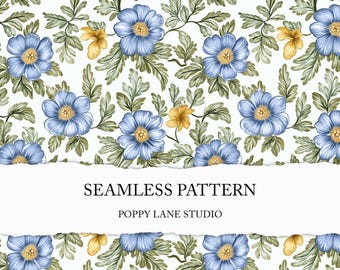 vintage blue floral seamless, blue flower background, vintage floral pattern, flower digital paper, retro floral design, retro flower print