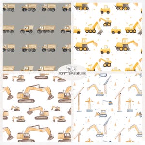 May include: Four seamless patterns featuring yellow construction vehicles on a white background. The patterns include dumper trucks, excavators, and cranes. The text "POPPY LANE STUDIO" is in the centre of the image.