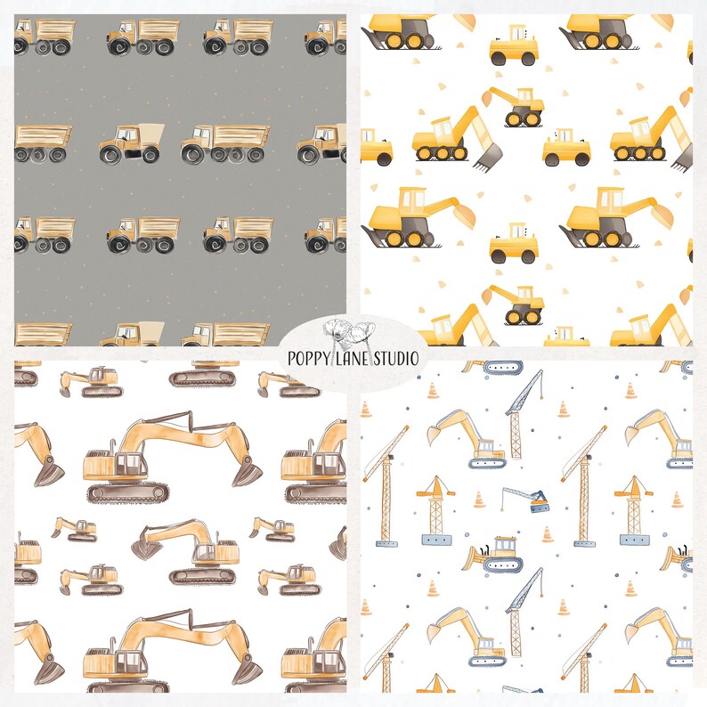 May include: Four seamless patterns featuring yellow construction vehicles on a white background. The patterns include dumper trucks, excavators, and cranes. The text "POPPY LANE STUDIO" is in the centre of the image.
