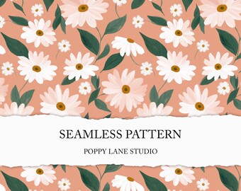 pink daisy background, chamomile scrapbook paper, seamless daisy pattern, painterly marguerite digital paper, pink floral surface pattern