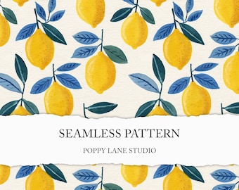 painted lemon seamless pattern, seamless citrus pattern, Mediterranean digital paper, summer background, seamless modern lemon printable JPG