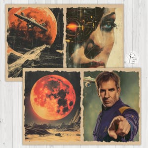 May include: Set of three vintage-style science fiction art prints. One features a spaceship near a red planet, another a futuristic woman, and the third a man in a blue uniform pointing forward, with a red planet in the background.