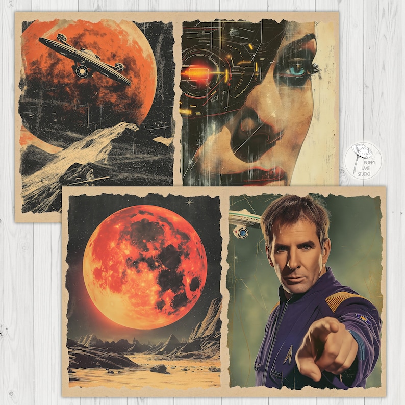 May include: Set of three vintage-style science fiction art prints. One features a spaceship near a red planet, another a futuristic woman, and the third a man in a blue uniform pointing forward, with a red planet in the background.
