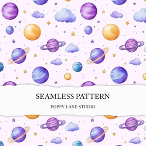 May include: A seamless pattern featuring watercolour illustrations of planets, stars, and clouds on a light purple background. The pattern is perfect for fabric, wallpaper, or other creative projects.
