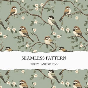 Naadloze chinoiserie-jurk met tuinvogel, saliegroene chinoiserie-achtergrond, naadloze vogel, cottagecore digitaal papier, schattige chinoiserie-stofafdruk