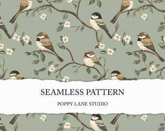 Pode incluir: Um padrão sem costura com pássaros marrons e brancos empoleirados em galhos com flores brancas. O fundo é de cor verde claro. O texto "SEAMLESS PATTERN" e "POPPY LANE STUDIO" é exibido em uma faixa de papel rasgado branca.