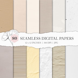 Puede incluir: Conjunto de 80 texturas de papel digital en varios colores y patrones, incluyendo beige, blanco, marrón y amarillo. Los papeles son de 30,5 x 30,5 cm y 300 DPI. Papeles digitales sin costuras.