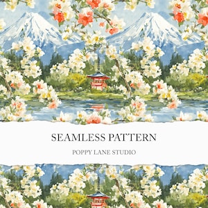 May include: Watercolor seamless pattern featuring a Japanese landscape with Mount Fuji, a red pagoda, and cherry blossoms. The design includes white and red flowers, a blue lake, and the text "SEAMLESS PATTERN" and "POPPY LANE STUDIO".