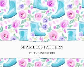 seamless rainboot pattern, summer rain boot background, watercolour floral rain boots, rain boots seamless file, spring rain printable file