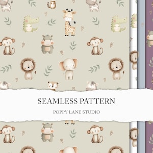 Puede incluir: Un patrón sin costuras con ilustraciones de acuarela de animales de safari, incluyendo una jirafa, un león, un elefante y un mono, sobre un fondo beige claro. El diseño incluye pequeños corazones y hojas. El texto "SEAMLESS PATTERN" y "POPPY LANE STUDIO" también es visible.