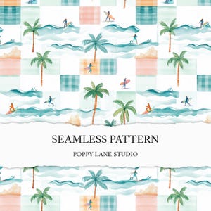 Puede incluir: Patrón sin costuras de acuarela con surfistas, palmeras y olas del océano. El diseño incluye cuadrados de color turquesa, melocotón y blanco. El texto dice "SEAMLESS PATTERN" y "POPPY LANE STUDIO".