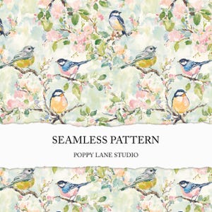 Puede incluir: Patrón sin costuras de acuarela con pájaros en ramas florecidas. El diseño presenta flores rosas, hojas verdes y un fondo azul claro. También se ve el texto "SEAMLESS PATTERN" y "POPPY LANE STUDIO".