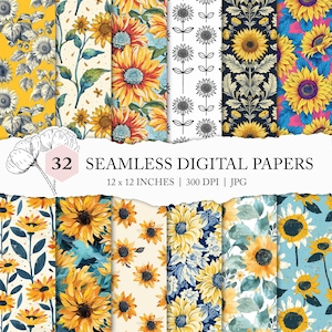 sunflower background, seamless sunflower pattern, sunflower digital paper set, sunflower fabric pattern, commercial use, sunflower seamless