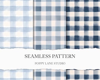 May include: A collection of seamless patterns in shades of blue and white, featuring a watercolor gingham design. The text "SEAMLESS PATTERN" and "POPPY LANE STUDIO" are displayed on a torn paper banner.