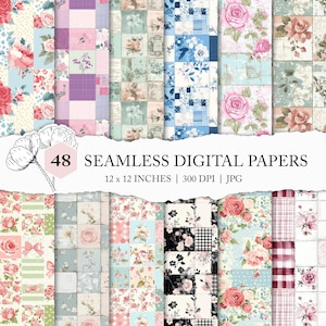 shabby chic patchwork digital paper, vintage patchwork seamless pattern, patchwork printable, romantic patchwork background, craft paper set
