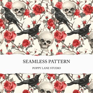 raven seamless pattern, skull digital paper, Victorian goth background, seamless goth file, skulls and ravens surface pattern, seamless crow