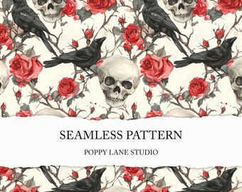 raven seamless pattern, skull digital paper, Victorian goth background, seamless goth file, skulls and ravens surface pattern, seamless crow