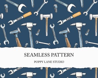 construction tools seamless pattern, boys seamless file, work tools background, tools digital paper, commercial use, wrench hammer bolt JPEG
