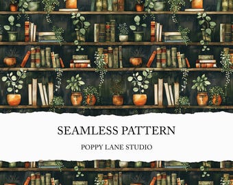 seamless bookshelf pattern, botanical bookshelf seamless background, vintage floral bookshelf, seamless watercolour bookshelf pattern, JPEG