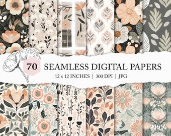 neutral modern flower background, beige mod floral seamless pattern, boho flower seamless file, boho chic pattern, painterly fall floral JPG