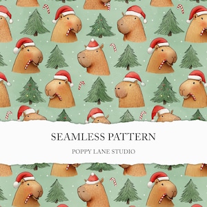 Christmas capybara background, Xmas capybara digital paper, capybara seamless file, winter animals, fun Christmas wrapping paper, Santa hat