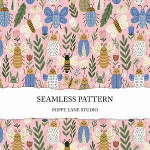 pink critter seamless background, girly bugs seamless file, cute beetle surface pattern, pastel insect seamless pattern, butterfly moth JPEG