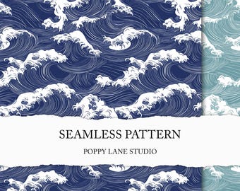 wave seamless pattern, blue ocean wave seamless background, ocean seamless, wave scrapbook paper, printable fabric, blue wave digital file