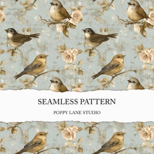 shabby chic bird background, vintage garden bird pattern, muted floral bird seamless paper, farmhouse textile design, bird chinoiserie JPEG