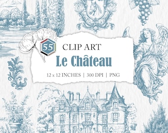 French chateau graphic elements, blue toile clip art, PNG file, chateau clipart, wedding toile de jouy, baroque line art, castle chinoiserie
