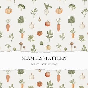 May include: A seamless pattern featuring watercolor illustrations of various vegetables, including pumpkins, carrots, tomatoes, and mushrooms, on a light background. The text "SEAMLESS PATTERN" and "POPPY LANE STUDIO" are displayed.