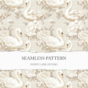 Fondo de cisne color crema, patrón de cisne floral vintage, tela shabby chic, fondo floral de color neutro, cisne sin costuras, patrón romántico