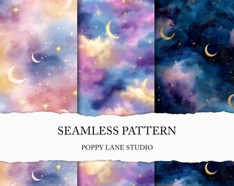 watercolour celestial background, whimsical night sky seamless pattern, moon digital paper, starry night surface pattern, dreamy sky print